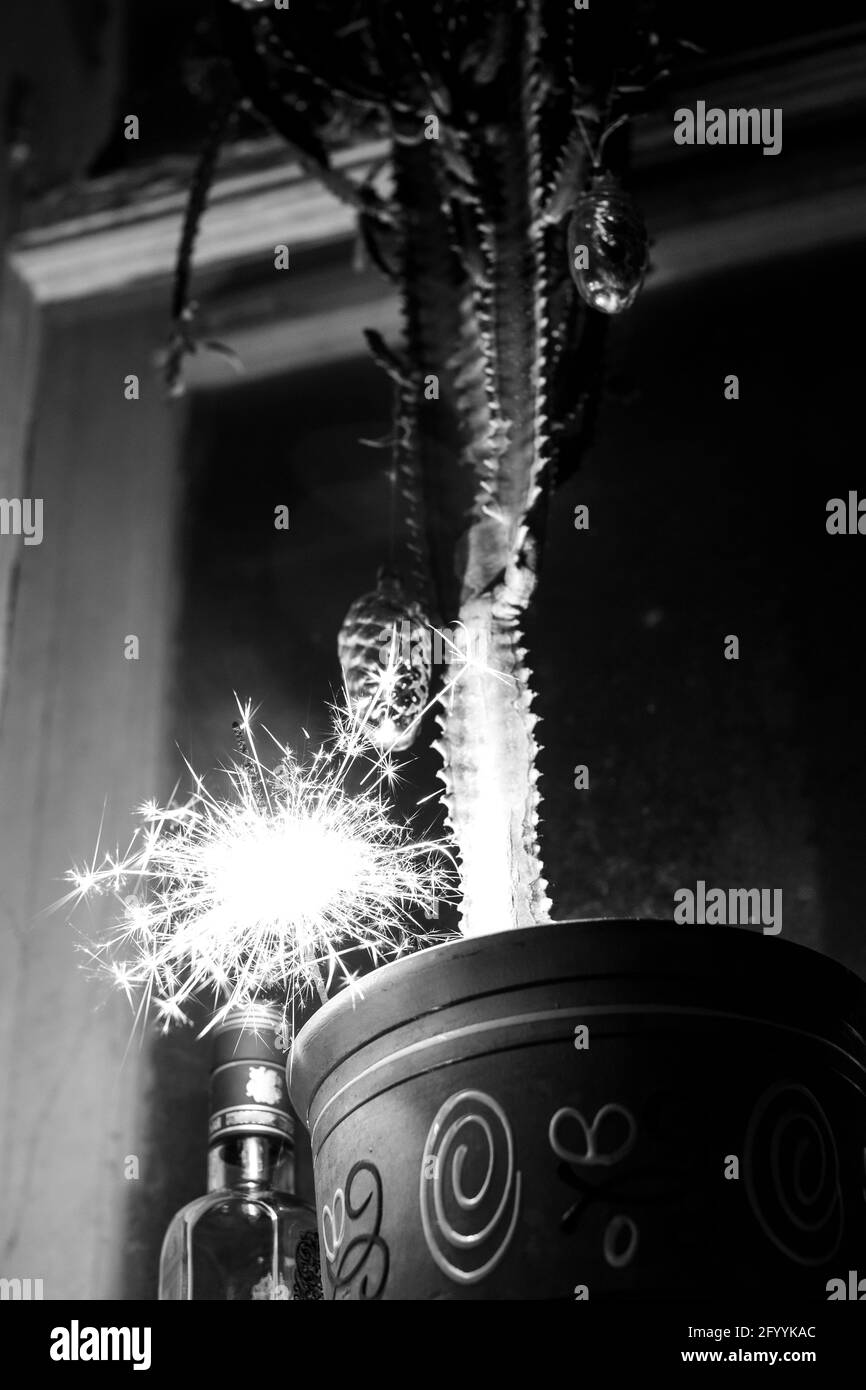 Un fuoco del Bengala brucia in una pentola di cactus, vestita con decorazioni natalizie d'epoca Foto Stock