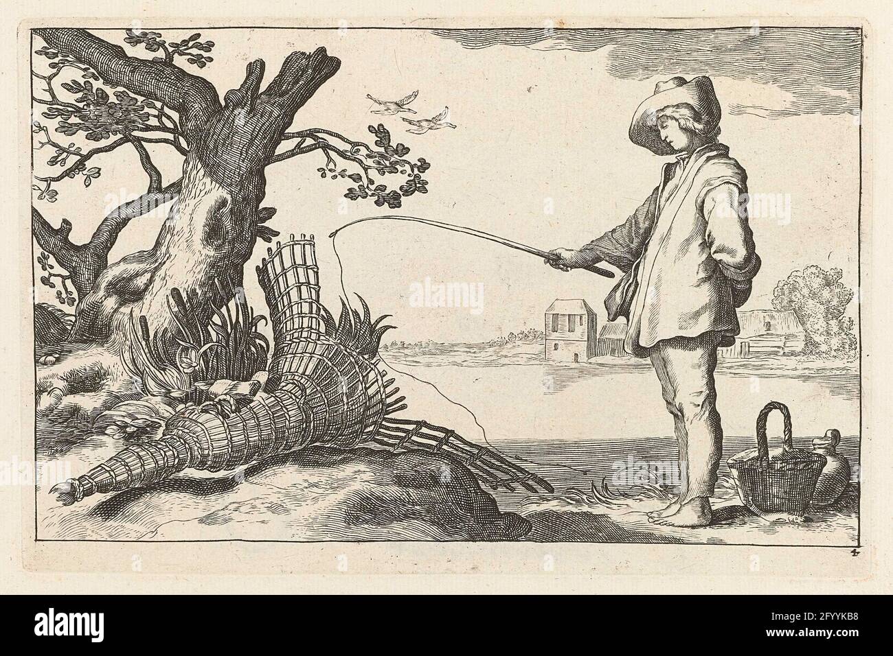 Il giovane pescatore; quattro scene pastorali. Un giovane si trova accanto a un cesto e una caraffa sul bordo di un lago e si piega leggermente in avanti su una lenza da pesca. Sulla destra si trova un albero sotto il quale si trova un trogolo. Il pescatore ha gettato fuori la sua verga, ma non sa che cosa sta facendo. La pesca era un simbolo diffuso dell'attività amorosa, basata sulla nozione di esca inaffidabile. La trappola rappresenta la caduta dell'amore qui. Foto Stock