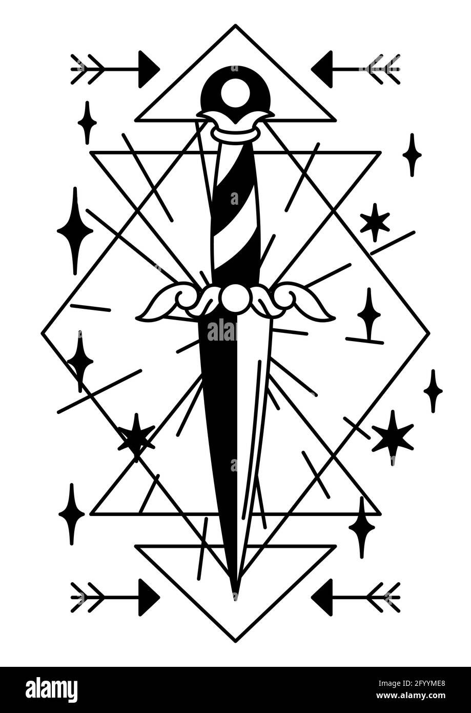 Illustrazione magica con antico pugnale. Arte mistica, alchimia, spiritualità e tatuaggio Illustrazione Vettoriale
