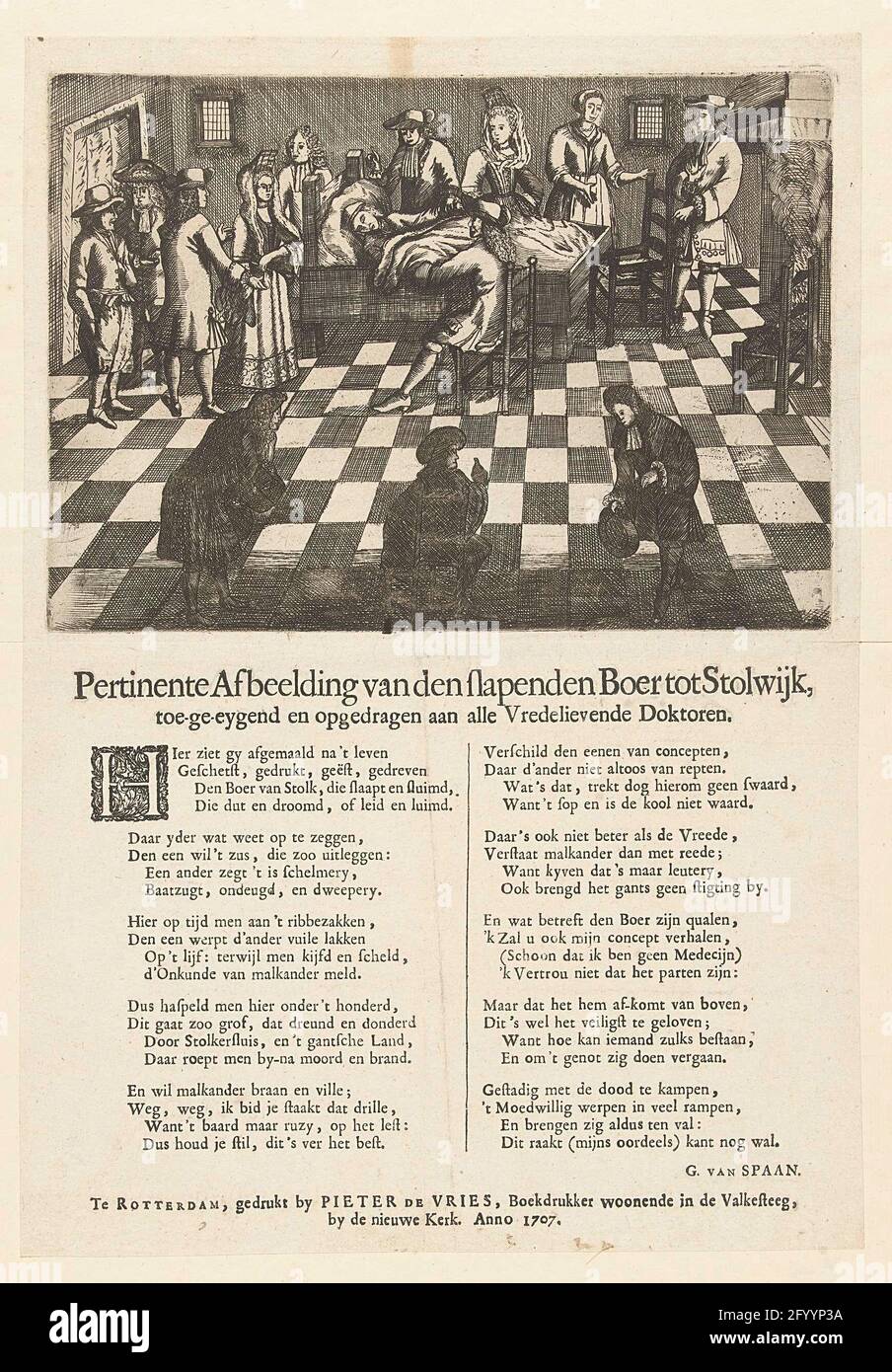 L'agricoltore che dormiva da Stolwijk, 1707; immagine pertinente del Boer Sleptenden a Stolwijk, temperato e dedicato a tutti i medici pacifici. Il contadino addormentato di Stolwijk, o il cosiddetto Boer addormentato. Dirk Klaasz de Bakker dormì dal 29 giugno 1706 al 11 gennaio 1707 (27 settimane) e cadde dopo il risveglio fino al 15 marzo 1707. De Boer dormiva nel suo letto, in camera alcuni medici e visitatori. Stampato sulla foglia sotto il piatto un versetto in 2 colonne in cui la gullibilità dei medici e dei visitatori è scherzato. Foto Stock