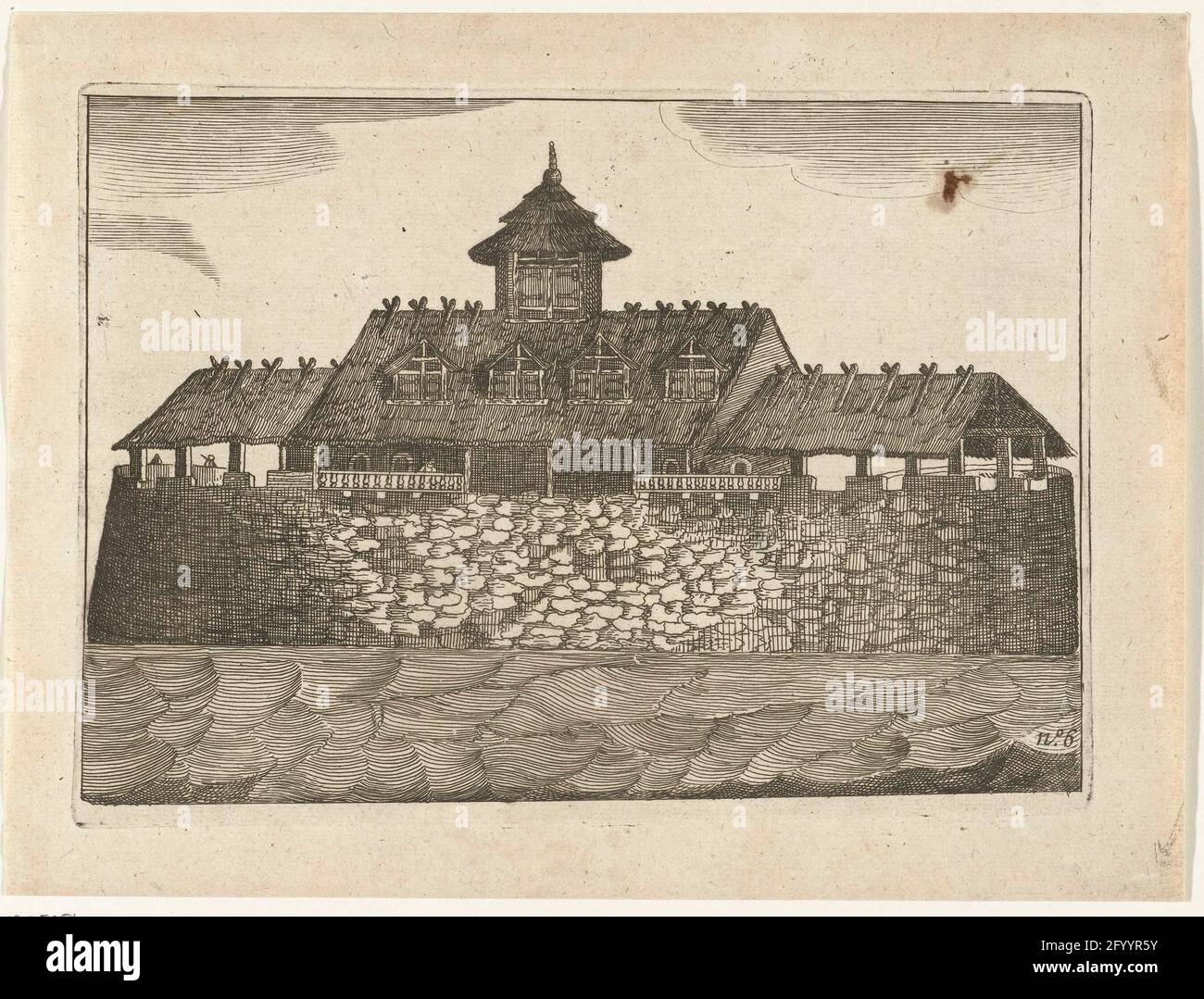 La fortezza di Ambon vista dall'acqua, 1607; il Casteel Amboyna, Soo 't lui del cant d'acqua e uyt mostra lo scetone. La fortezza di Ambon (il castello di Amboina) vista dall'acqua, 1607. Parte delle illustrazioni nel rapporto di viaggio di Cornelis Matelief de Jonge per il VOC alle Indie Orientali e la Cina, 1605-1608, n° 6. Foto Stock