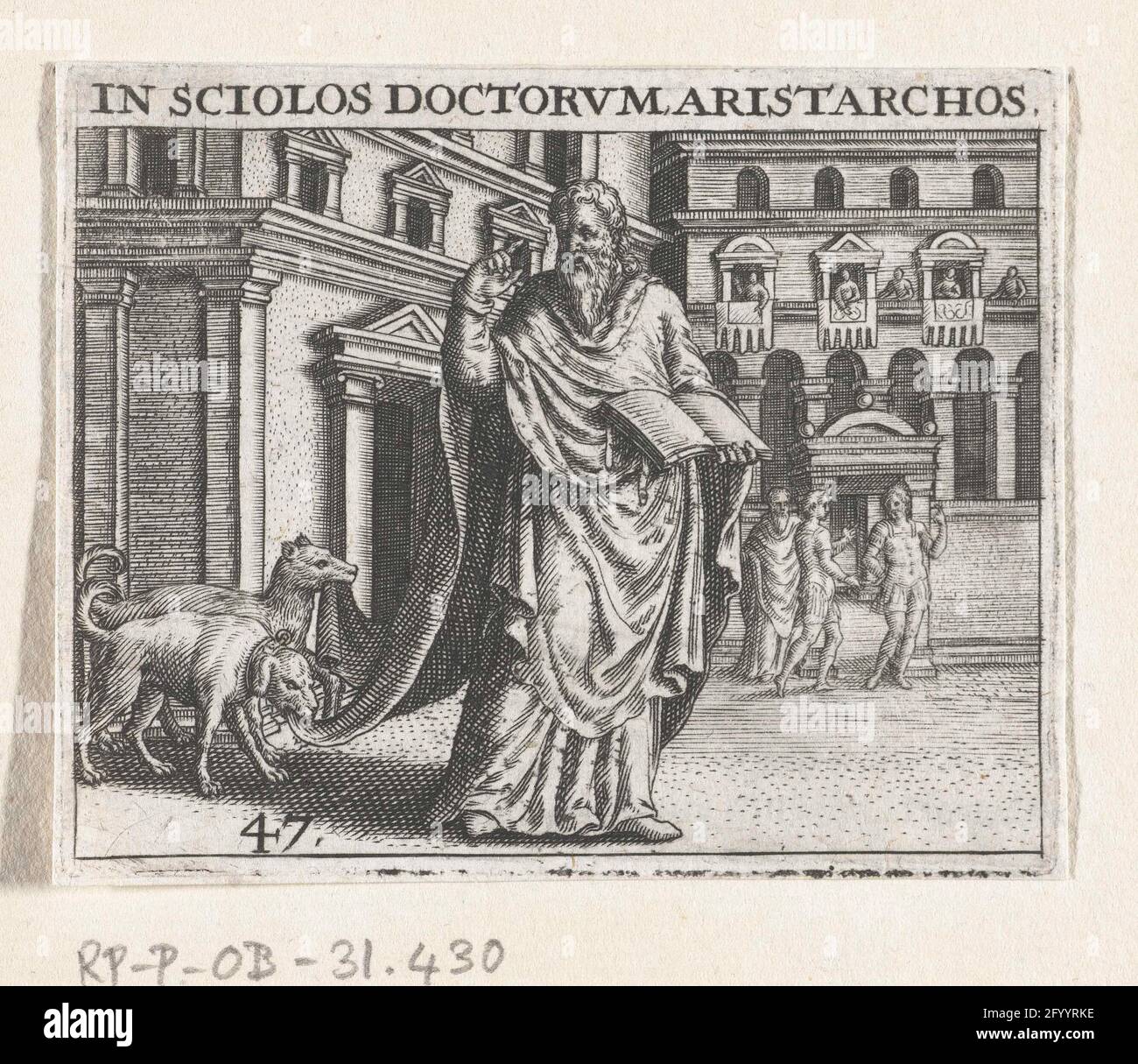 Filosofo con libro e dito indice rialzato; in Sciolos DoctorVM Aristarchos; Denis Lebey de Batilly, Emblemata, 1596. Un filosofo si trova su una piazza della città. In mano ha un libro aperto, con l'altra mano fa un discorso. Il sentiero del suo mantello è disegnato da due cani. Foto Stock