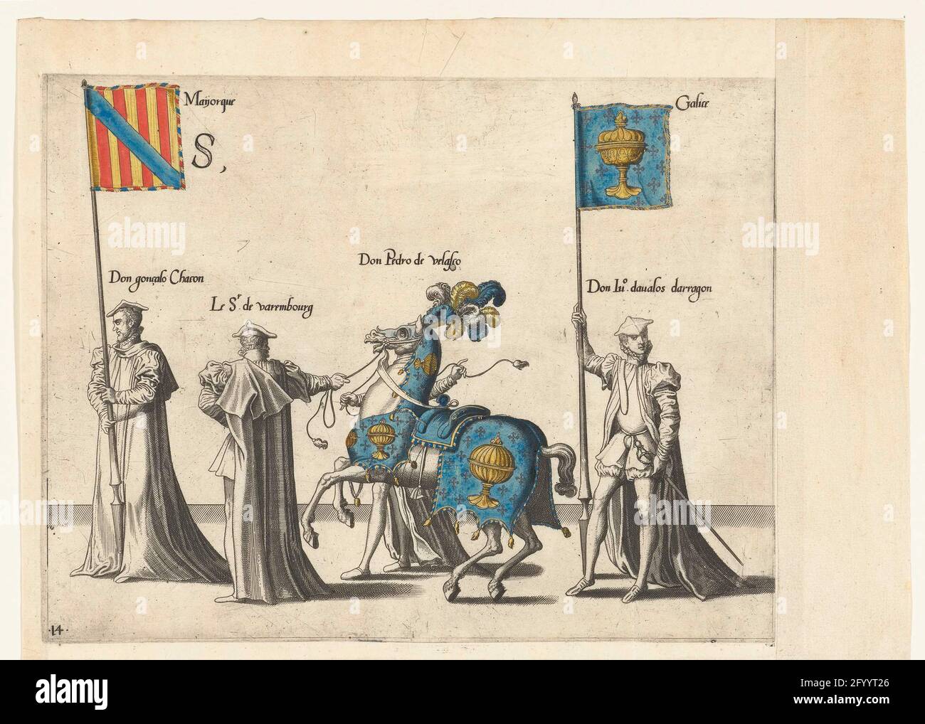 Parte della processione, n. 14; processione funebre dell'imperatore Carlo V, 1558. Quattro partecipanti alla processione, cavalli e bandiere con le armi di Maiorca e Galizia. Parte della stampante della processione funebre dell'imperatore Carlo V il 29 dicembre 1558 a Bruxelles. Foto Stock