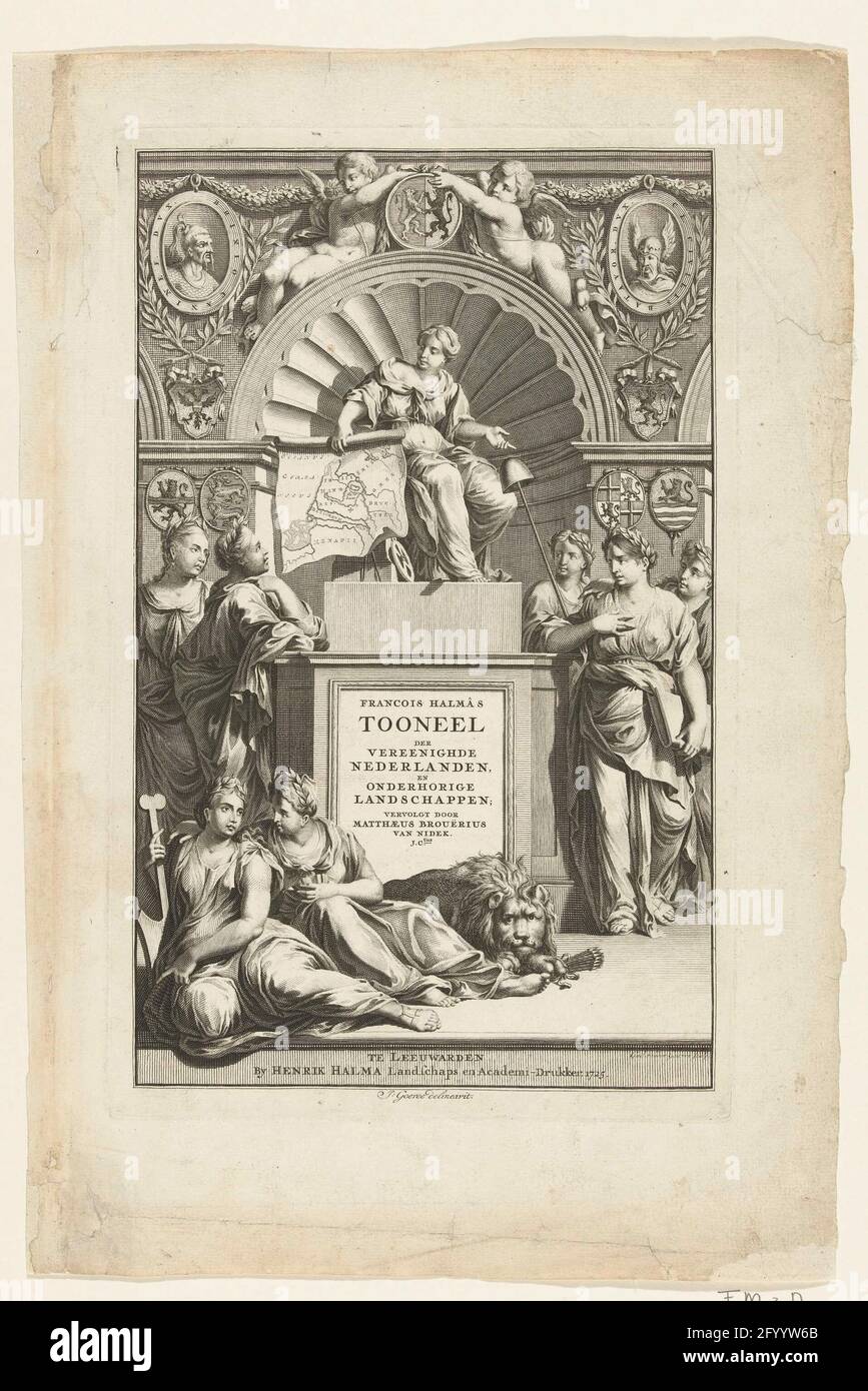 Stampa del titolo di François Halma's 'stage of the Neighthe Nederlanden and dependent Landscapes'; la scena di Francois Halma del Segretario Nederlanden e dei paesaggi dipendenti. Stampa del titolo per François Halma's 'stage of the Neighthe Nederlanden and dependent Landscapes'. Spettacolo allegorico con la personificazione del paese seduto sul trono sopraelevato circondato dalle personificazioni delle sette province. Foto Stock