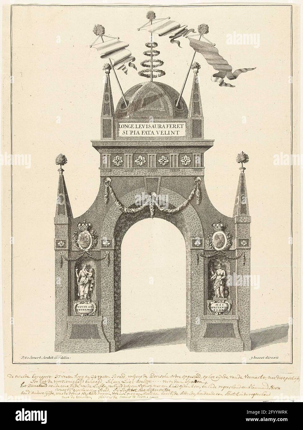 Triumphoort sulla Veemarkt all'ingresso di Willem IV a Breda, 1737. Triomfpoort si stabilì al mercato del bestiame all'ingresso di Guglielmo IV e della sua Gemalin Anna van Hannover a Breda il 13 settembre 1737. La porta onoraria decorata con armi, immagini e striscioni. Nel sottogallo una scritta a mano in marrone con una descrizione del cancello. Foto Stock