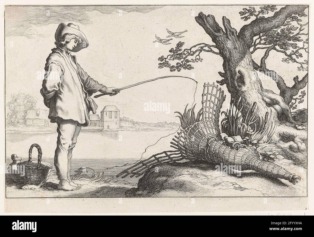 Il giovane pescatore; quattro scene pastorali. Un giovane si trova accanto a un cesto e una caraffa sul bordo di un lago e si piega leggermente in avanti su una lenza da pesca. Sulla destra si trova un albero sotto il quale si trova un trogolo. Il pescatore ha gettato fuori la sua verga, ma non sa che cosa sta facendo. La pesca era un simbolo diffuso dell'attività amorosa, basata sulla nozione di esca inaffidabile. La trappola rappresenta la caduta dell'amore qui. Foto Stock
