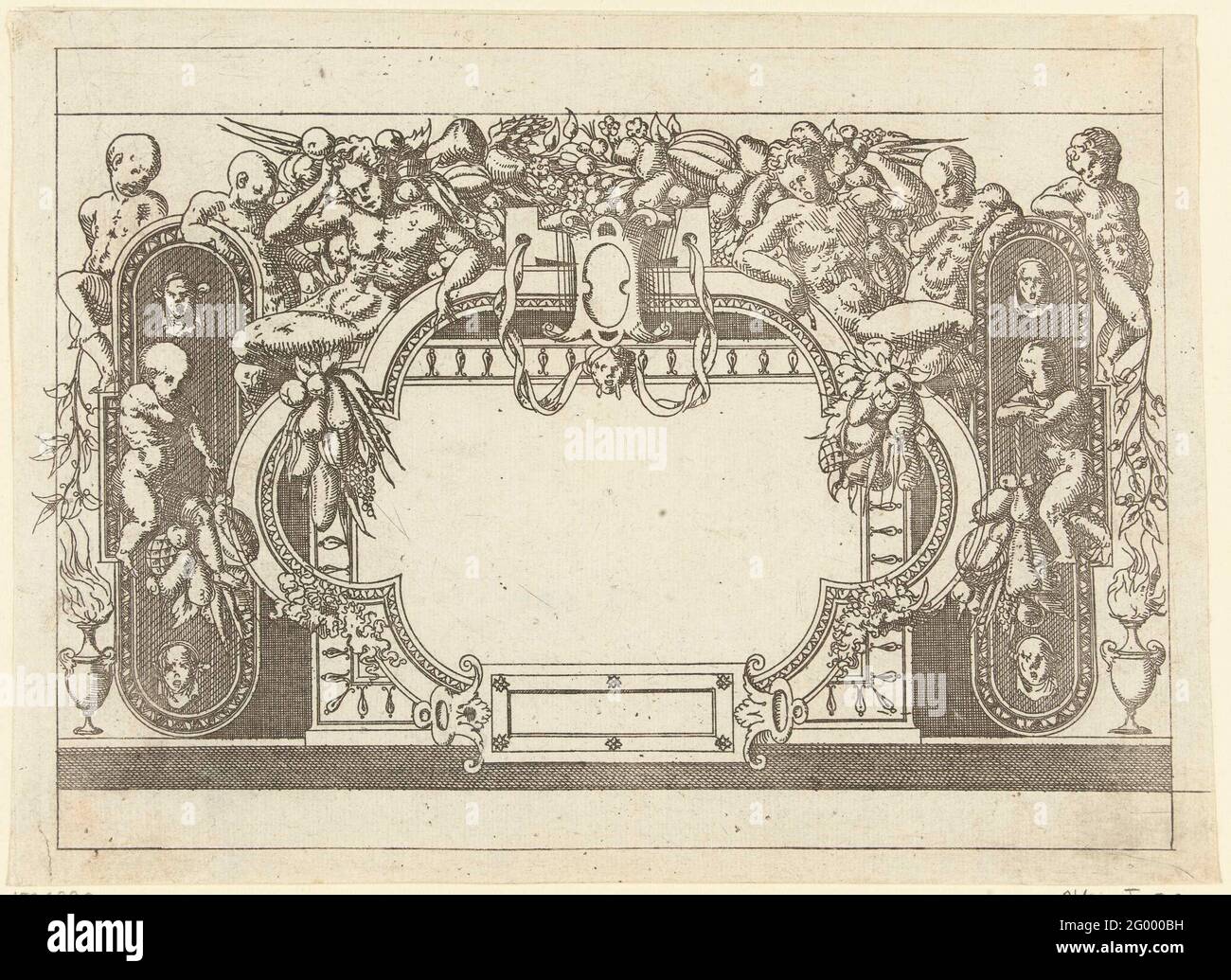 Cartouche rettangolare dove è finita una lista ovale di rigonfiamenti semicircolari; soffitti e intagli in una cornice con grottesken, ghirlande e murcarons; doccia piccolo carrello ad esempio a Fontainebleau. Su entrambi i lati della cartouche è un ovale ritratto allungato in cui due bambini sono sulla parte superiore di due bambini. Da una serie di 32 fogli. I ritagli derivano in parte dalle stampe di Antonio Fantuzzi alla decorazione della galleria François di Giovanni Battista Rosso. La serie è anche conosciuta con il titolo Petits Carthets The Fontainebleau. Foto Stock