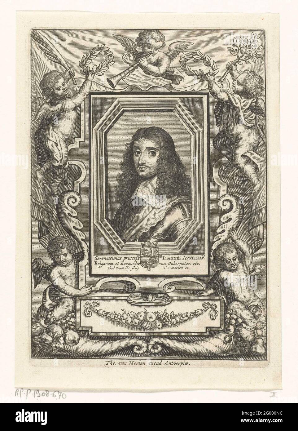 Ritratto di Don Juan II dall'Austria; Ritratti di Staatslieden. Ritratto in una lista ovale di Don Juan II dall'Austria, guardiano di terra dei Paesi Bassi meridionali. Busto a sinistra. Don Juan ha un imbragatura. Il ritratto è in una cornice rettangolare tra cinque angeli. Due tenere una corona di alloro sopra il ritratto .. La stampa ha una didascalia in latino con il nome della persona raffigurata. Foto Stock