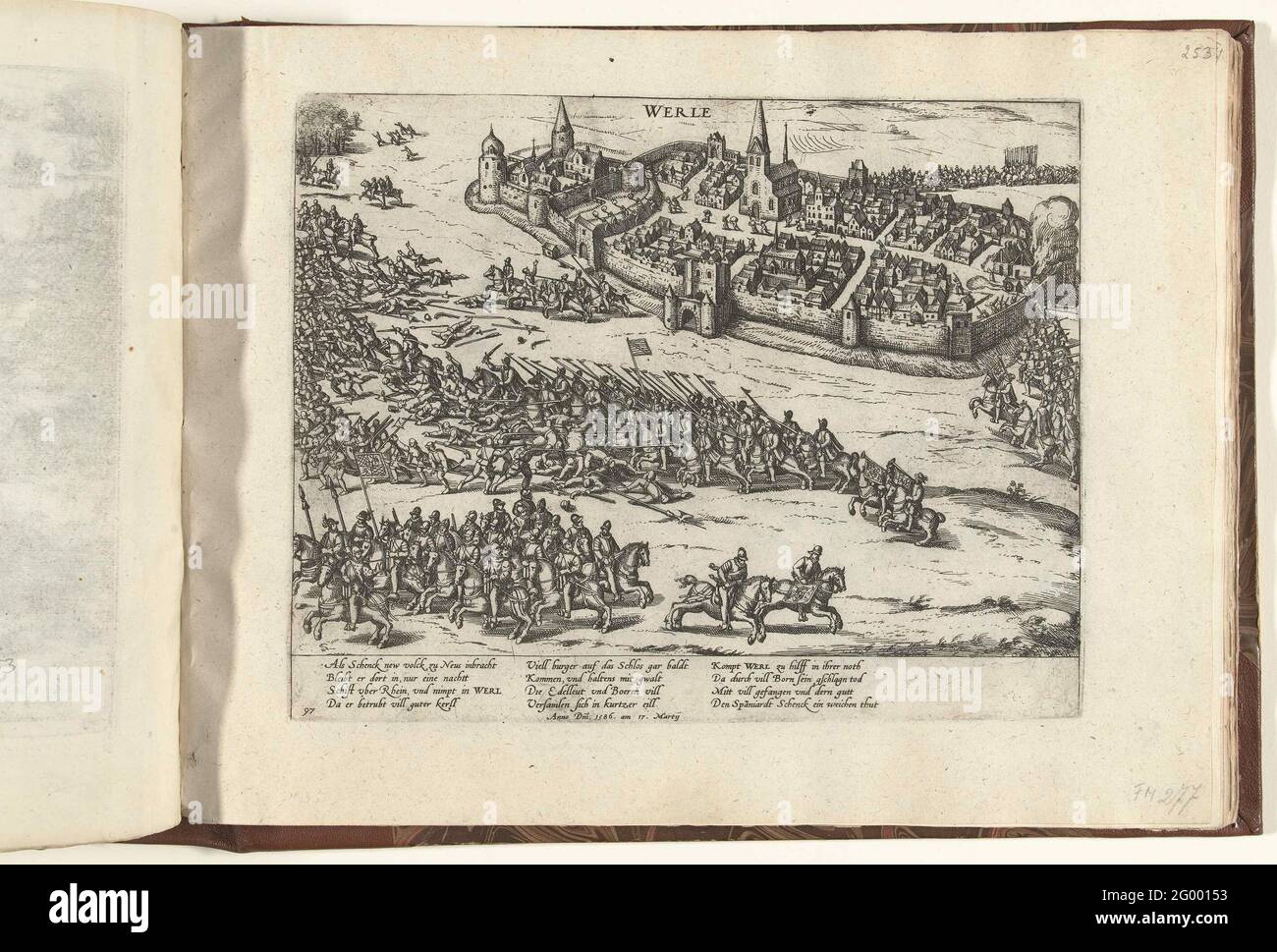 Schenck guidato da WLL, 1586; Serie 9: Eventi olandesi e tedeschi, 1583-1587. Maarten Schenck guidato da WLL, 17 marzo 1586. Episodio della guerra di Keulse. Con didascalia di 12 regole in tedesco. Numerato: 97. Foto Stock