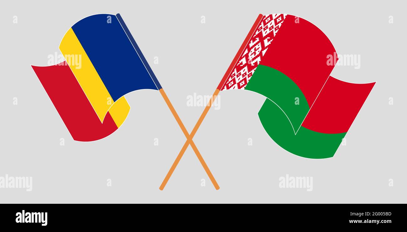 Bandiere incrociate e sventolanti di Bielorussia e Romania. Illustrazione vettoriale Illustrazione Vettoriale