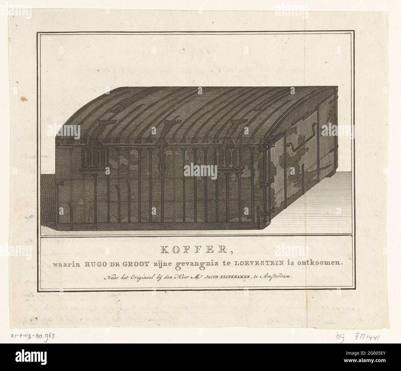 Il libro in cui Hugo de Groot sfugge da Loevestein nel 1621 è 1783; caso, in cui Hugo de Groot la sua estrazione in Loevestein ha scartato. All'originale a MR. Jacob Klinkhamer, ad Amsterdam .. Il libro in cui Hugo de Groot duit Loevestein sfugge è il 22 marzo 1621. Immagine della bara con coperchio chiuso, nel 1783 in possesso del Sig. Jacob Klinkhamer ad Amsterdam. Descritto sul retro con penna. Foto Stock