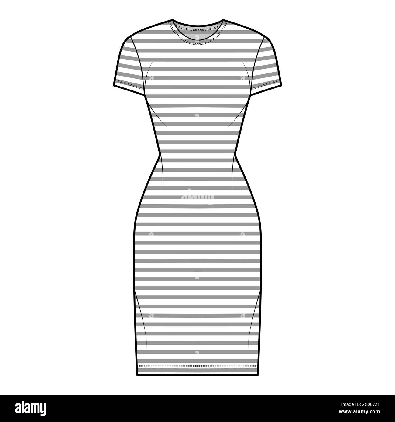 Abito marinaio illustrazione tecnica moda con strisce, maniche corte, corpo calzato, gonna a matita lunghezza ginocchio. Parte anteriore dell'abbigliamento piatto, colore bianco. Donne, uomini unisex CAD mockup Illustrazione Vettoriale