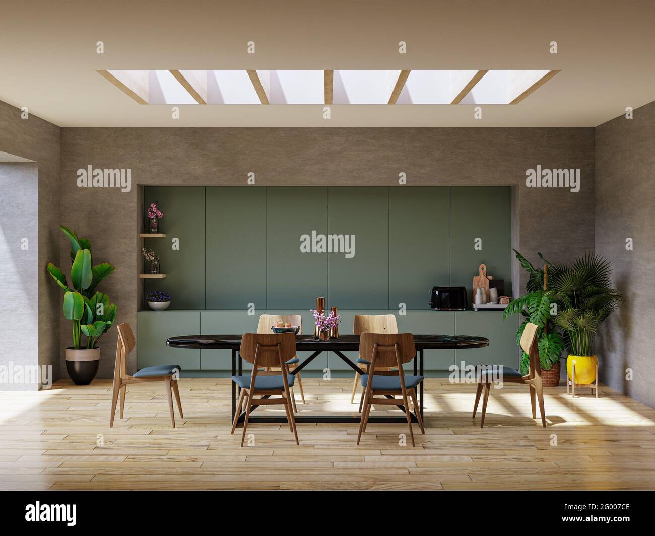 Design moderno degli interni della sala da pranzo con pareti in cemento e rendering 3d Foto Stock
