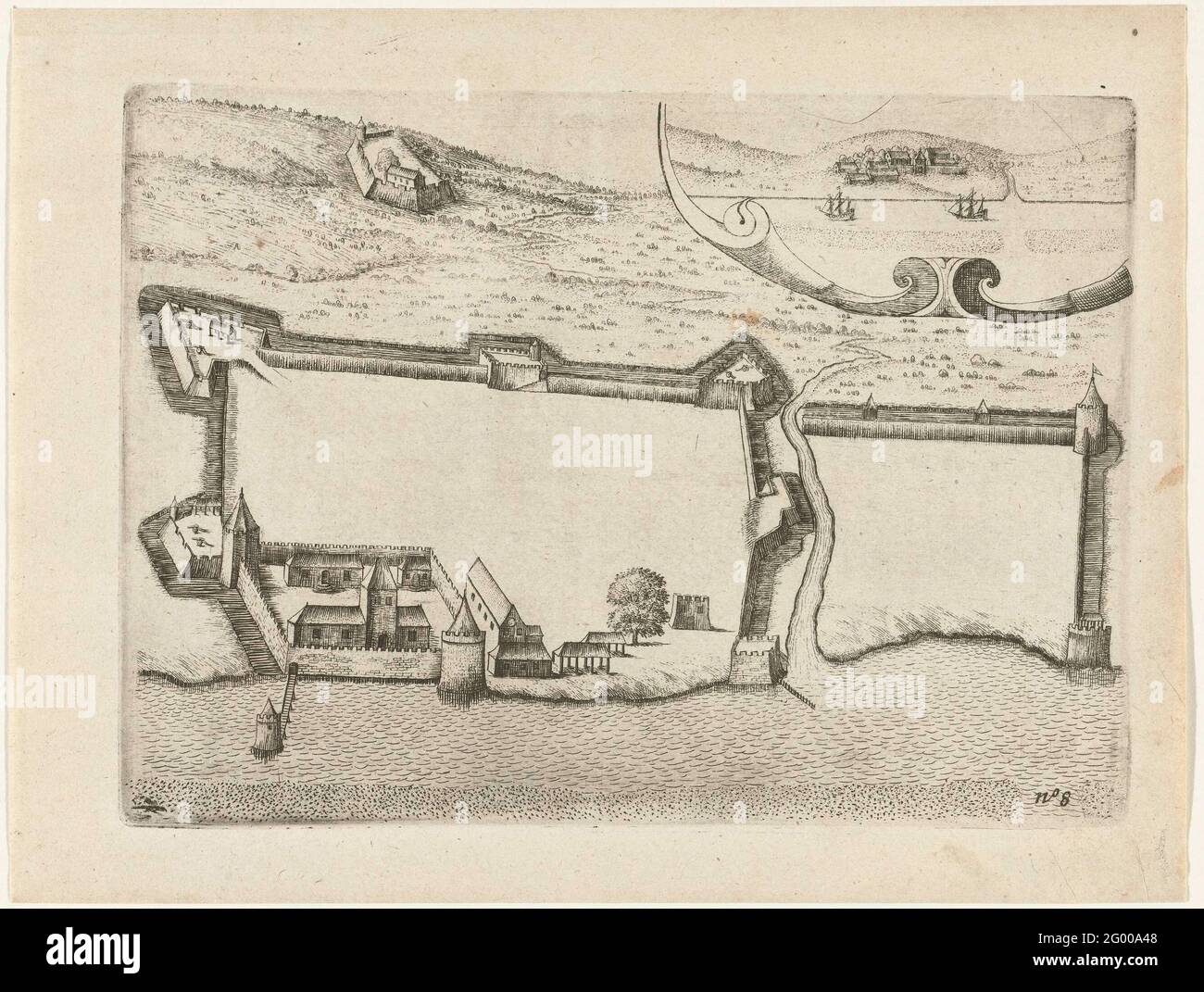 Piano della città di Gammelamme sull'isola di Ternate, 1607; la città di Gamalama i't Eylant Ternate, di Den Spaensche Beseten. Pianta della città di Gammelamme sull'isola di Ternate, 1607. In alto a destra in una cartouche la vista sul mare. Parte delle illustrazioni del viaggio di Cornelis Matelief de Jonge per il VOC alle Indie Orientali e in Cina, 1605-1608, n. 8. Foto Stock