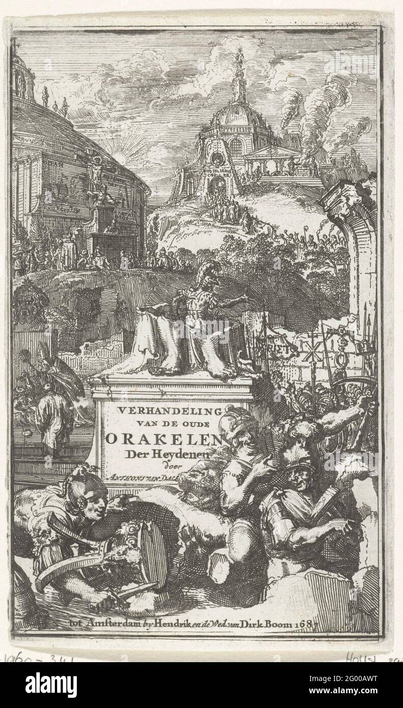 Titolo Prato per 'il Trattato dell'Antica orientazione degli Heyden' di Anthoni van Dale; il Trattato dell'antico o l'ascolto degli Heydenen di Anthoni van Dale. Skrel con testo con un'immagine degradata di cui solo i piedi sono ancora. C'è un soldato nella foto vuota. Per la base, il resto dell'immagine è con circa soldati sorridenti. Sullo sfondo colline con templi. Foto Stock