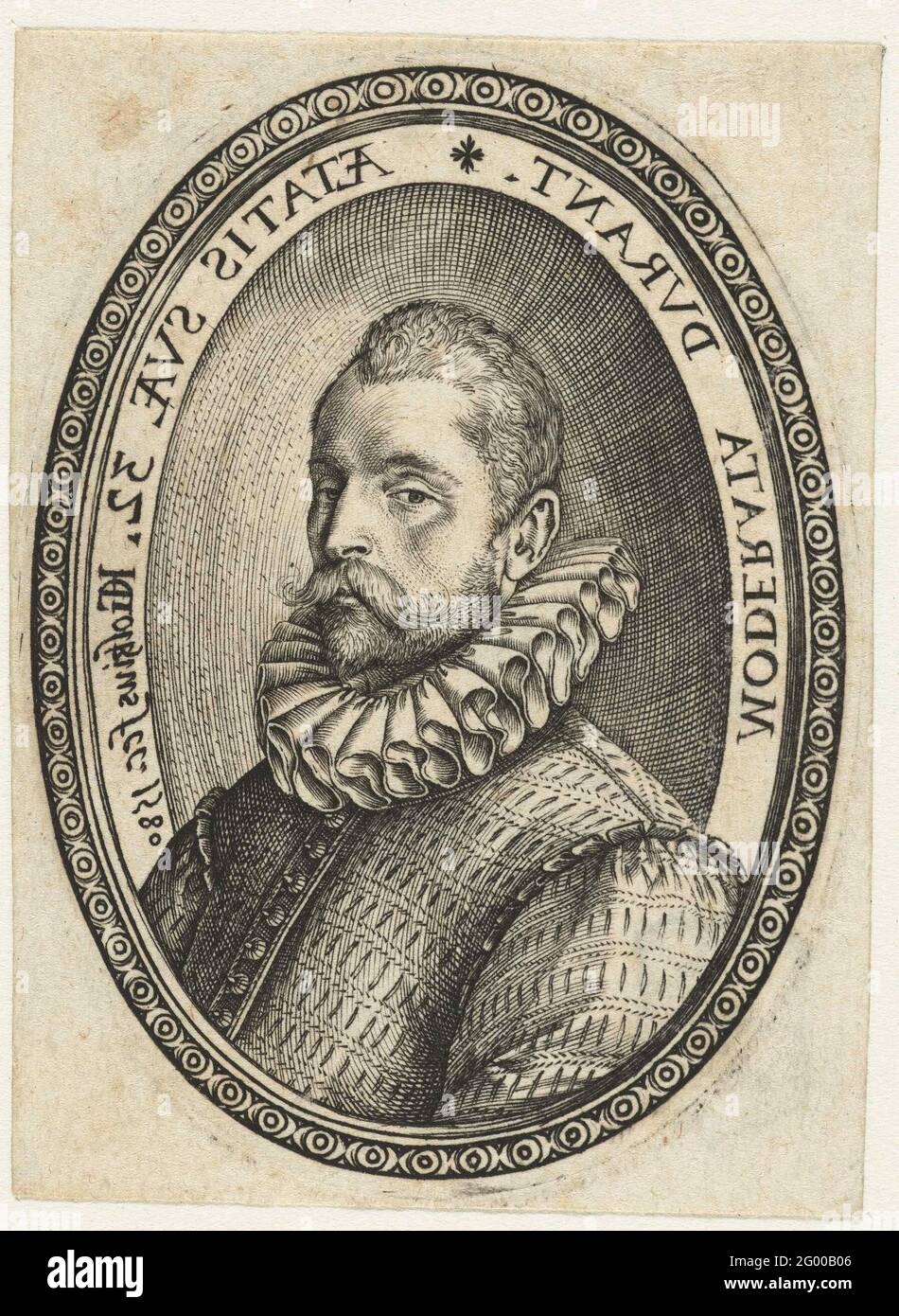 Ritratto di un uomo di 32 anni (Gysbert van Duvenvoorde?). Ritratto di un uomo all'età di 32 anni, forse gysbert (Gysbrecht, gijsbert) van Duvenvoorde, sindaco di Haarlem. Vista a sinistra, in ovale con una periferica in latino. Foto Stock