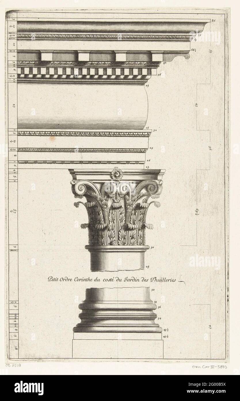 Corinthrift, parte di colonna con piedistallo e telaio di testa; Petit Ordre Corinto (...); Parallèle de l'Architecture Antique et de la Modern (...). Raffigurato con proporzioni. Foto Stock