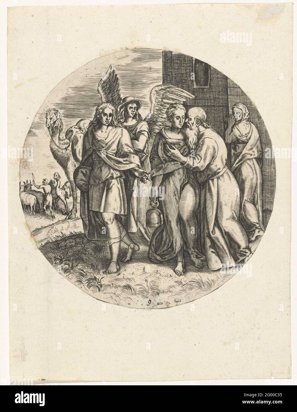 Tobias e Sara dicono Arrivederci a Raguele e a sua moglie; Storia di Tobias. Tobias e Sara stanno per la casa di Raguel di lasciare. Raguel abbraccia sua figlia. Sua madre è proprio dietro e gira a metà strada. Accanto all'angelo un cammello. Foto Stock