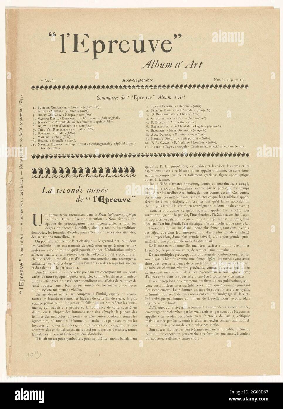 Rivista l'Epreuve. La rivista l'Epreuve apparve mensilmente dal 1894 dicembre 1895 e prestò attenzione all'arte e alla letteratura. In questo caso, due edizioni sono in una canzone, la nona e la decima edizione dei mesi di agosto e settembre 1895, rispettivamente. La rivista è apparsa per numero da dieci stampe originali di artisti famosi. Sulla prima pagina di questa doppia canzone ci sono due liste di dieci nomi di artisti e il loro contributo più una stampa extra per l'edizione di lusso. La rivista esamina il secondo volume di 1896, che non è mai uscito dal suolo. Foto Stock