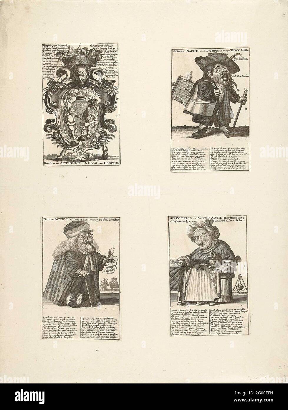 Foglio con caricature di nani nel commercio del vento, 1720; attore di Bombario e lo spirito di Esopus / Actionuse cantante-notturno con il suo slon magico / natura azione-dottore o blow-up bobber master / direttore di regimi d'azione contraffatti; e splendidamente Lawy Lawy Lawy; la grande scena di follia. Foglie con caricature di nani nel commercio del vento. Quattro piastre separate numerate 1-4 stampate su un foglio. Piatto 1: Emblema con Bombario in una cornice con il diavolo e zampe di capra, assegnato un cesto pieno di stolti. Piatto 2: Un nano come guardiano notturno con una lanterna magica sulla schiena. PLA Foto Stock