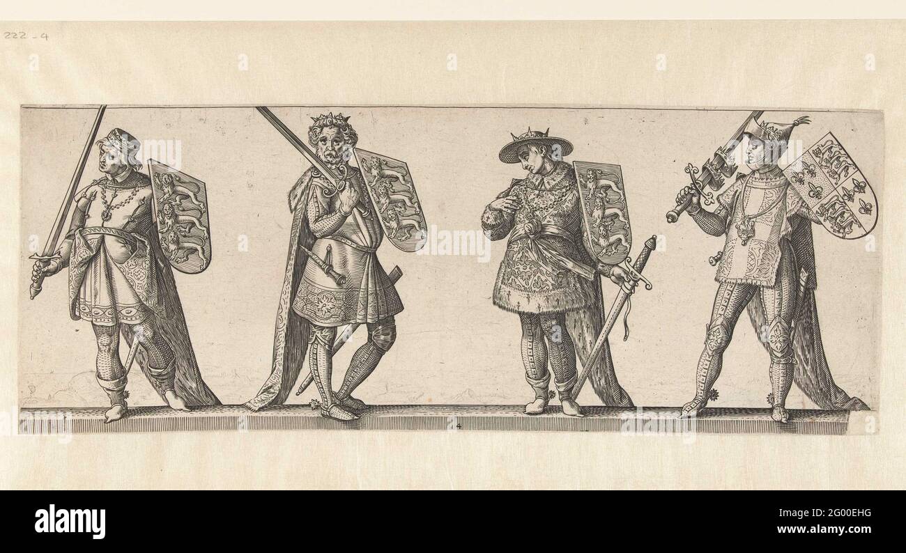 Re Hendrik III, Edoardo i, Edoardo II e Edoardo III; re e regine d'Inghilterra. Quattro uomini con uno stemma e una spada. Il re ha due corone intorno alla sua spada. Sullo sfondo un paesaggio vagamente. Questa stampa fa parte di una serie di cornici in otto lingue di re e regine d'Inghilterra (pagina del titolo senza numero e sette stampe numerate con due o quattro cifre). Foto Stock