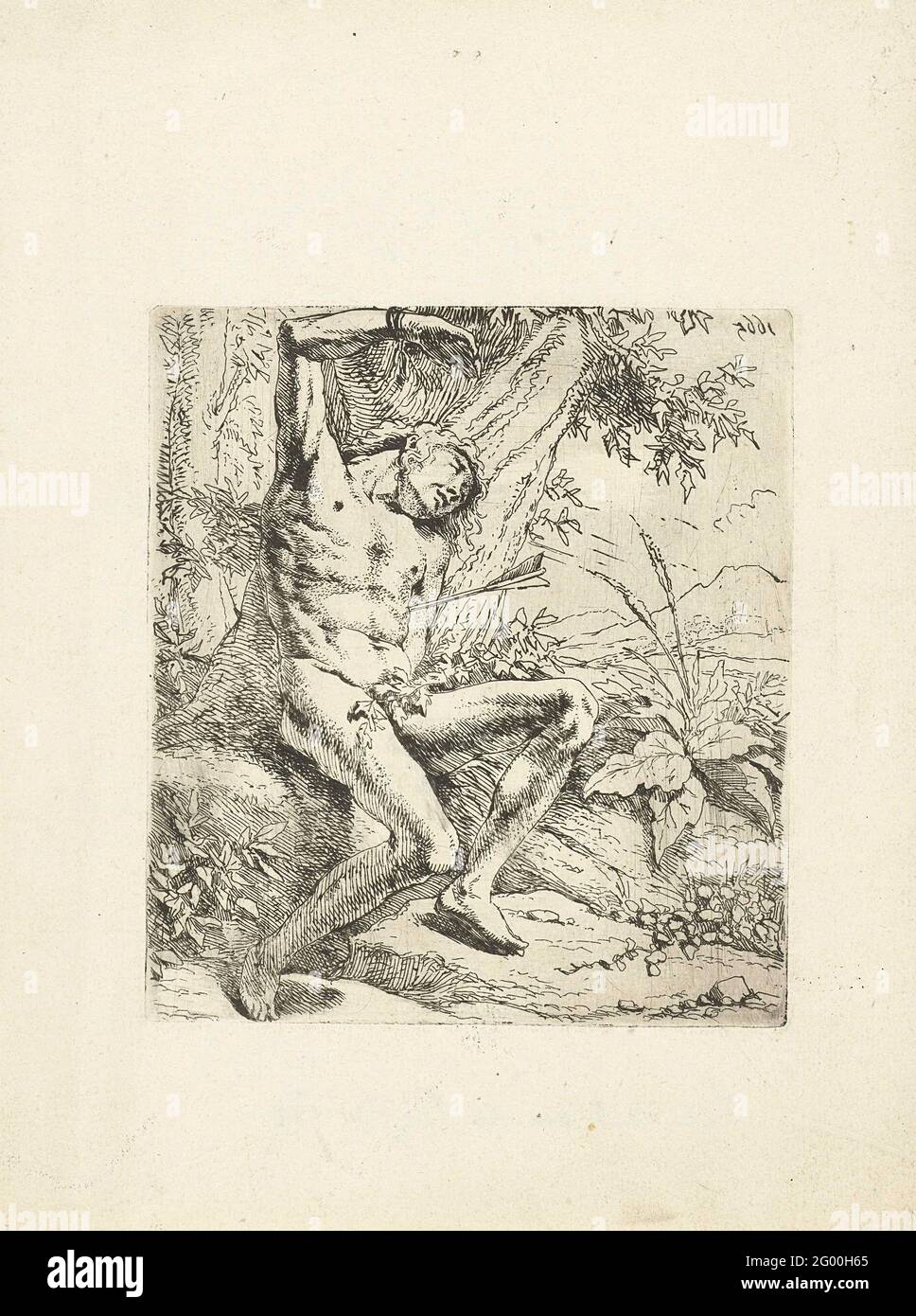 H. Sebastiaan. San Sebastiano con una freccia sul suo lato si appoggia contro un vecchio albero. Foto Stock