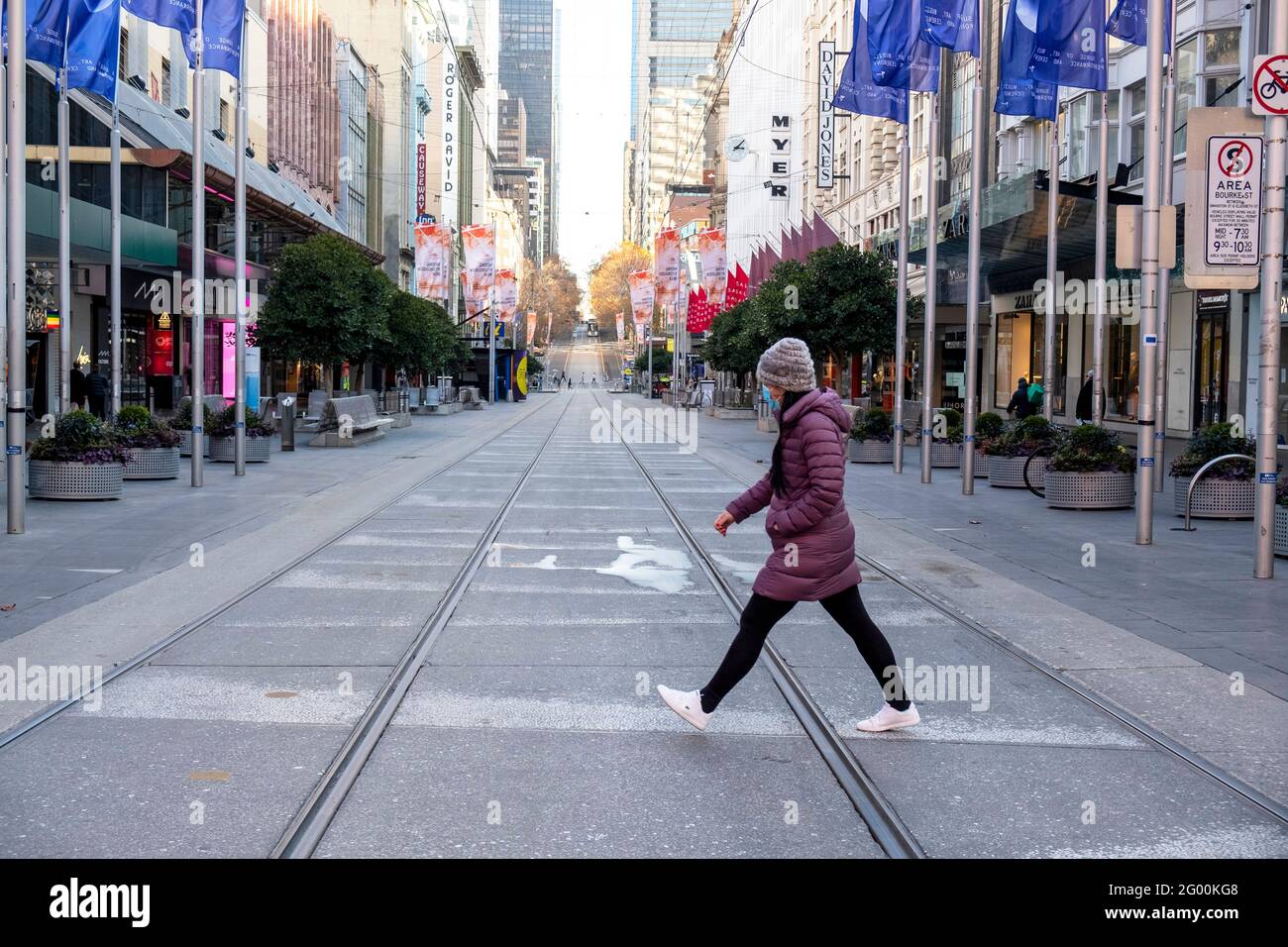 Il centro di Melbourne è desertato durante l'ultimo blocco del coronavirus. Foto Stock