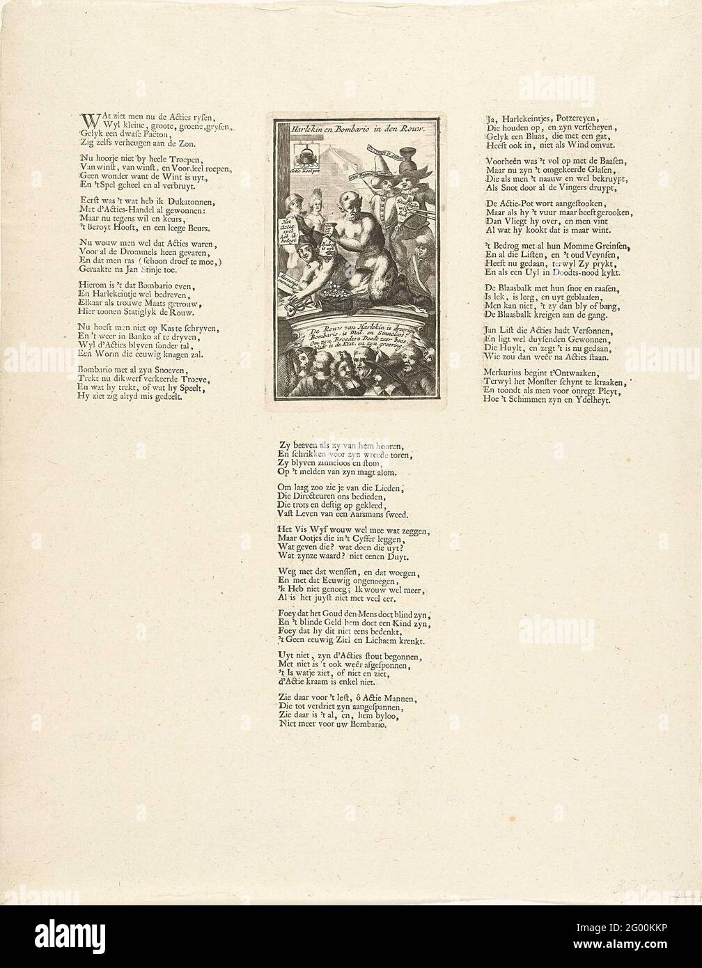 Il mercurio si sveglia, 1720; Harlekin e Bombario nel lutto; la grande scena della follia. Mercurius sdraiato a terra si risveglia, un diavolo con un sacco di soldi è seduto sulla schiena. In questo modo diversi astanti sulla parte anteriore e sullo sfondo. Sulla sinistra il segno della locanda chiamato: Action Carbon Pot. Nella mostra un versetto di quattro regole e iscrizioni multiple in olandese. Stampato su una lama più grande tra 3 versi ciascuno con 7 coppie di 4 linee. Stampa 50 nella serie della grande scena della follia con le cartucce sul commercio del vento o sul commercio di azione del 1720. Foto Stock