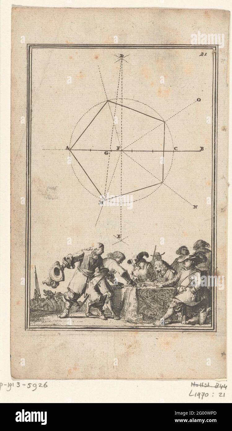 Illustrazione per 'il lavoro di Marte' di Allain Manesson Mallet. Figura matematica (pentagono). Compresi i soldati che pagano il loro soldato. Nella parte superiore destra del numero 21 (= il numero della pagina nel libro in cui è posizionata l'illustrazione). Foto Stock