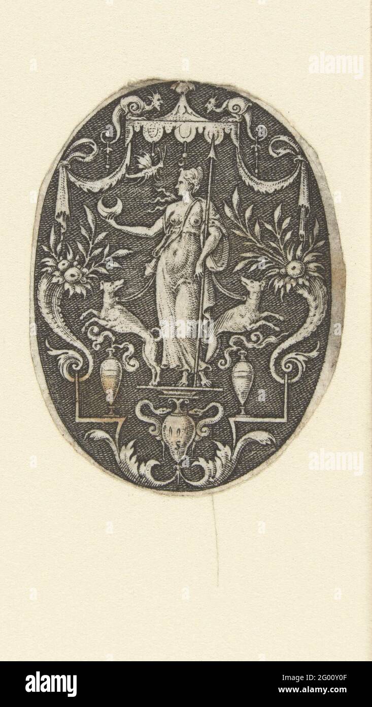 Diana con la luna in mano; Stephanus de Lavne Inventor Excidebat anno do.1573. Oltre ai suoi due cani tra due corna di abbondanza. Da una serie di 6 fogli. Foto Stock