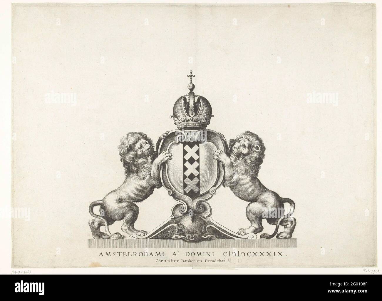 Ingresso di Maria de Médicis ad Amsterdam (targa), 1638. Ingresso della Regina francese Maria de Médicis ad Amsterdam, 31 agosto 1638. Targa in un insieme non assemblato costituito da una pagina del titolo, un ritratto e sette lame della processione. Lo stemma di Amsterdam con la corona degli imperatori fiancheggiata da due leoni come porta-scudo. Senza i testi dei titoli stampati. Foto Stock