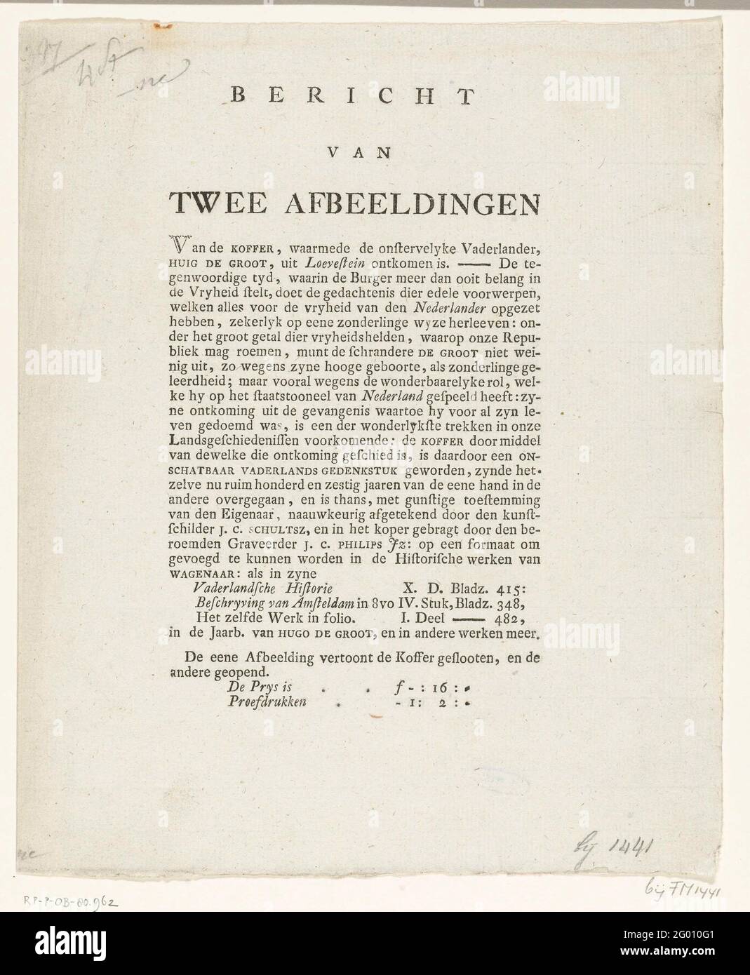Avviso in cui l'editore offre le stampe della scatola del libro in cui Hugo de Groot fugge da Loevestein nel 1621, 1783; messaggio di due immagini. Avviso in cui l'editore offre le due stampe in vendita dalla scatola del libro in cui Hugo de Groot da Loevestein sfugge il 22 marzo 1621. Il caso all'epoca (dicembre 1783) in possesso di Jacob Klinkhamer ad Amsterdam. Foto Stock