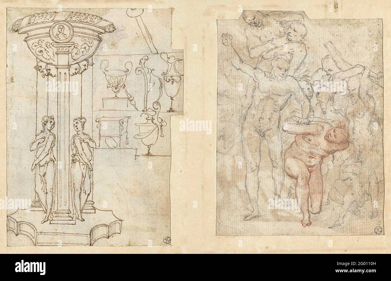 Oggetti decorativi e un disegno di un gruppo assottigliato. Possibilmente un disegno per un barile di sale. Foto Stock