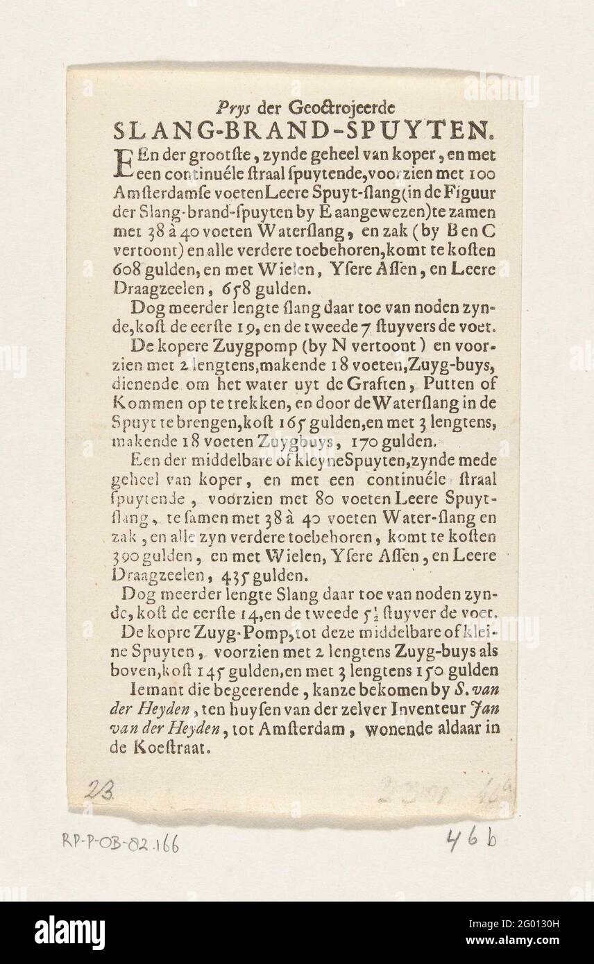 Listino prezzi degli spruzzatori antincendio per tubi flessibili, ca. 1725; Prys di spuiti di fuoco di serpente geo-paired. Foglia con l'elenco dei prezzi degli spruzzatori antincendio a tubo, da ottenere da Samuel van der Heyden ad Amsterdam, circa 1725. Appartiene ai fusibili al libro Fire Eating di Jan van der Heyden. Foto Stock