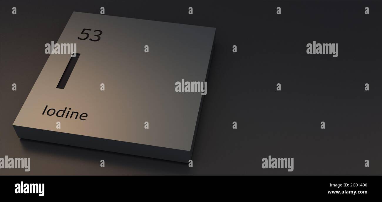 Elementi di iodio su tavola periodica illustrazione 3d. Foto Stock