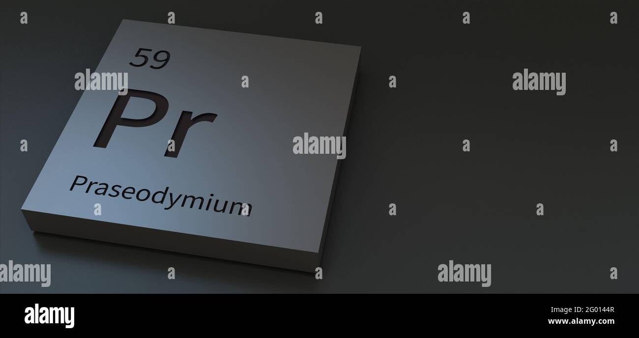 Elementi di praseodimio su tavola periodica illustrazione 3d. Foto Stock