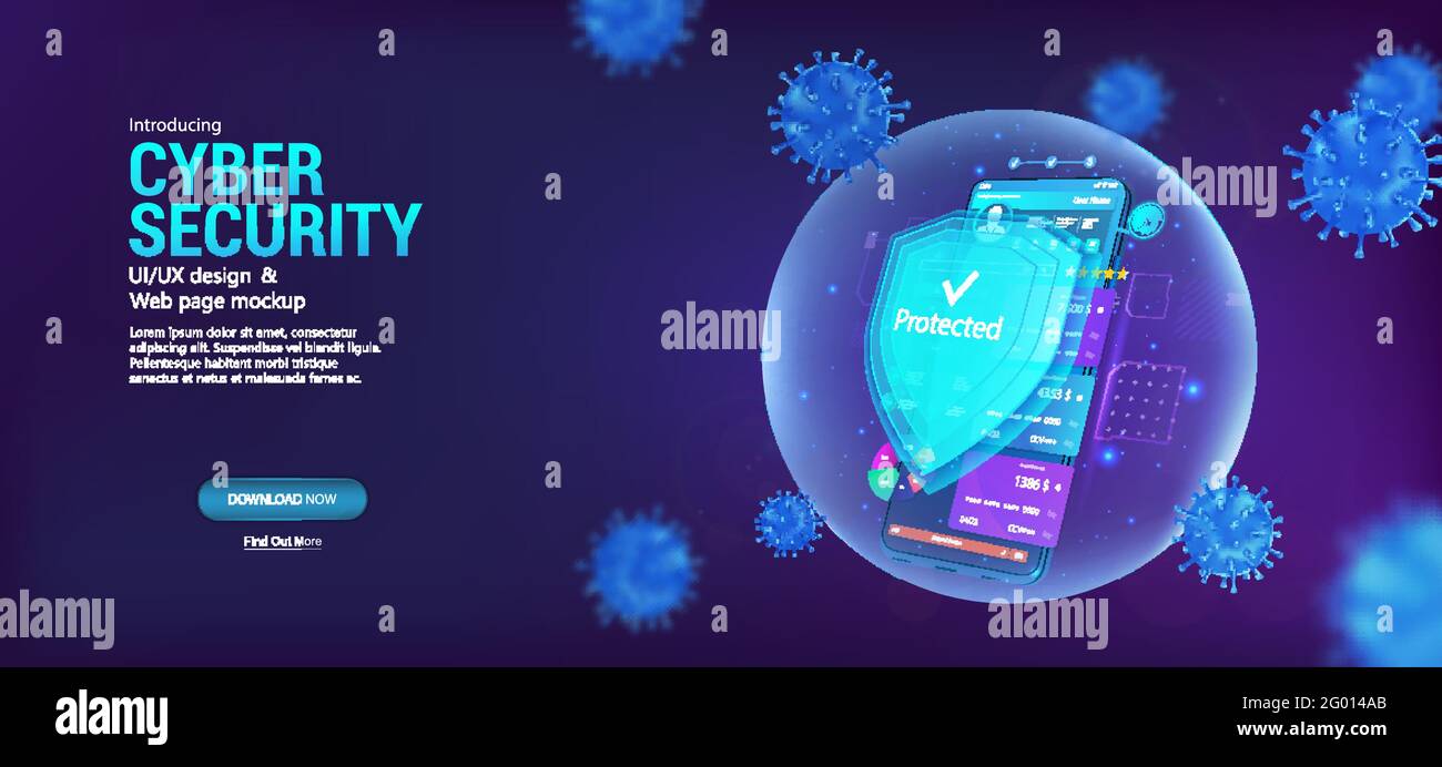 Smartphone Cyber Security. Protezione del telefono cellulare con schermo che protegge contro cyber-attacchi, virus Internet e spam. Banner dell'app antivirus Illustrazione Vettoriale