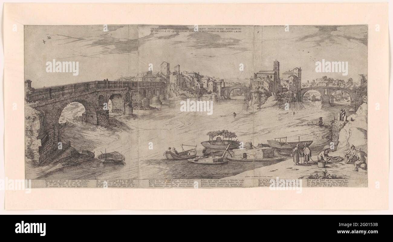 Vista di Roma con l'isola di stagno. Vista sul fiume Tevere a Roma. Sulla destra l'isola di stagno. A sinistra un ponte e in primo piano diversi sloop. Giusto poche persone sulla riva. In fondo al margine due versetti a quattro righe in francese, due versetti a quattro righe in latino e due versi quadrati in olandese. Foto Stock