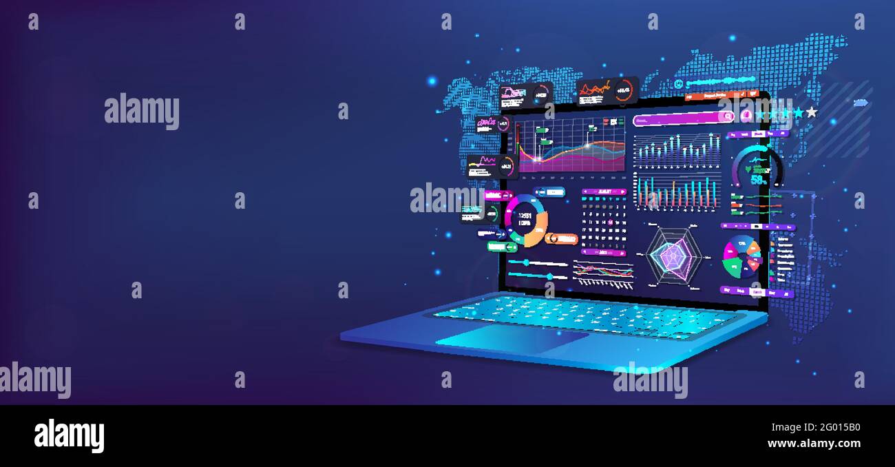 Prospettiva della posizione del notebook con dashboard dell'app di analisi aziendale. Analisi di letture e dati, statistiche online, previsioni di business e progressi Illustrazione Vettoriale