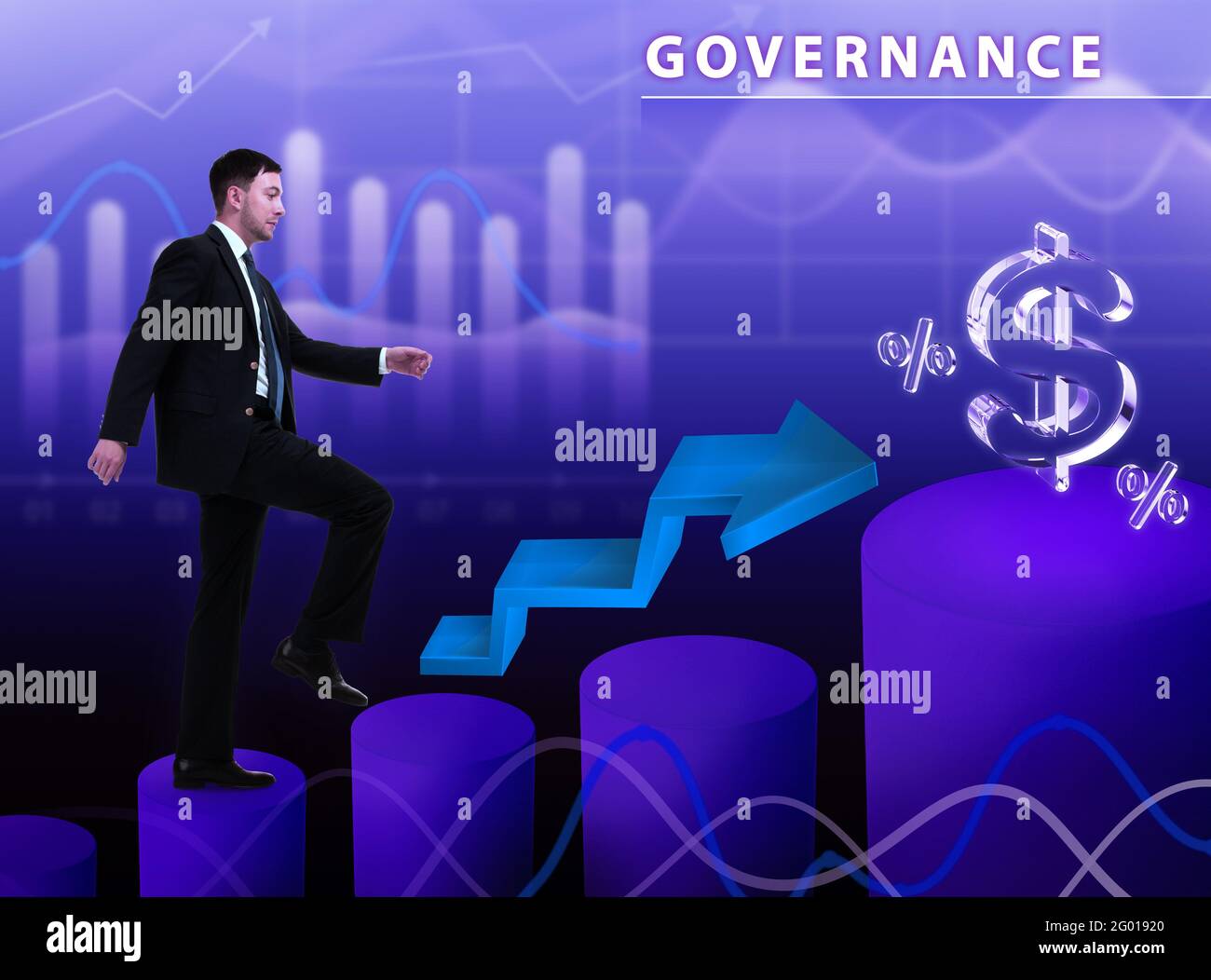 Business, tecnologia, Internet e concetto di rete. Il giovane imprenditore pensa ai passi per una crescita di successo: La governance Foto Stock