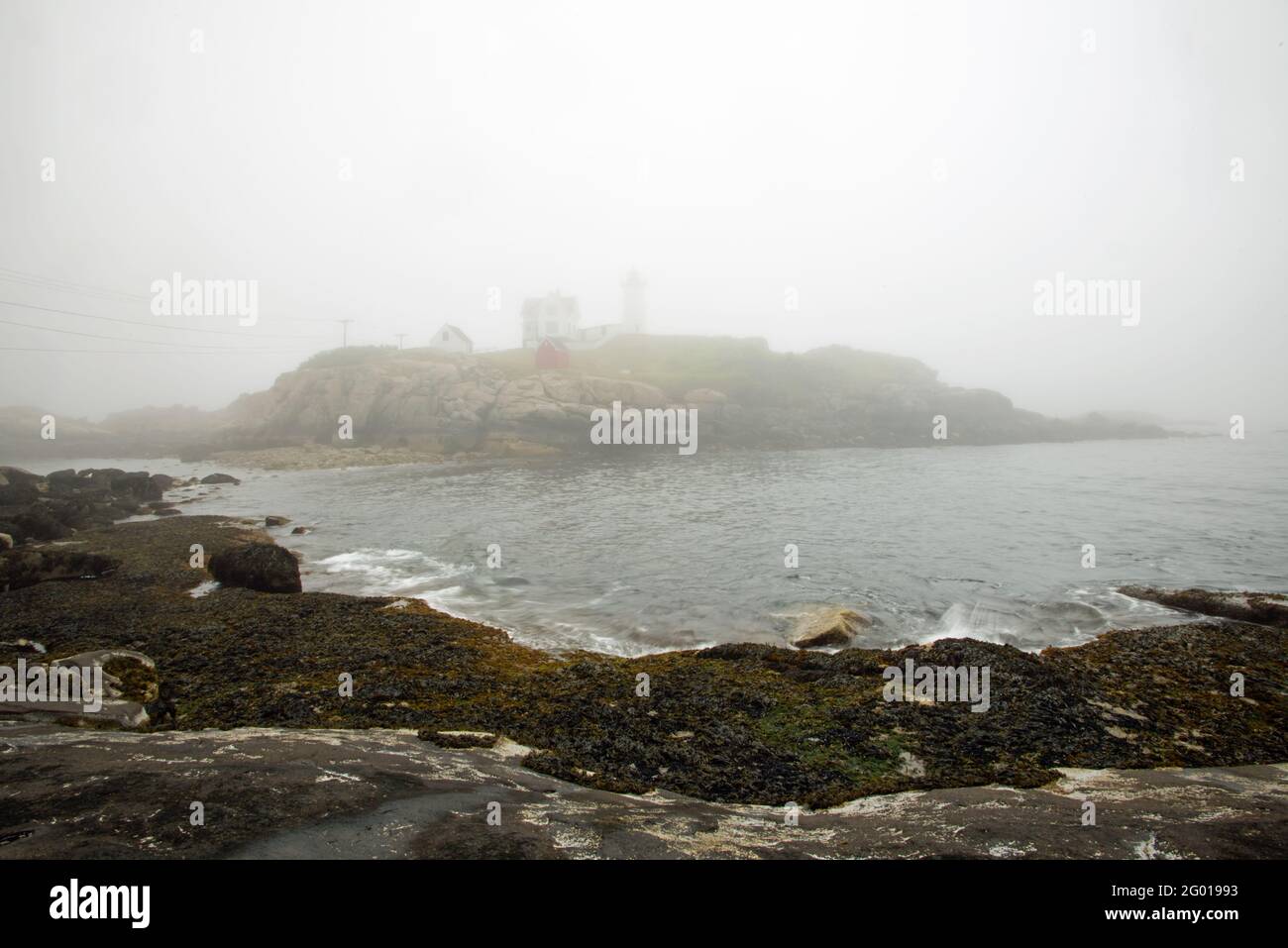 Nubble o Cape Neddick Lighthouse a Fog Foto Stock