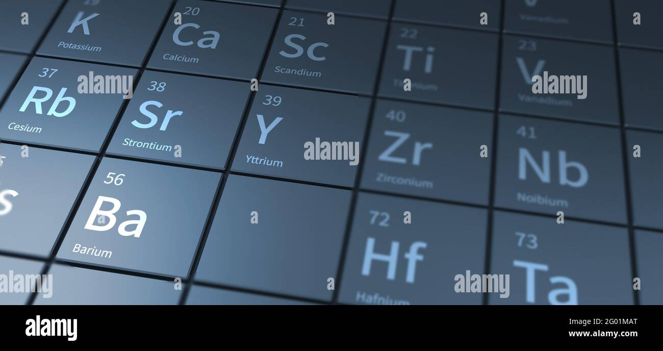 elemento in forma sferica. illustrazione 3d sulla tavola periodica degli elementi. Foto Stock
