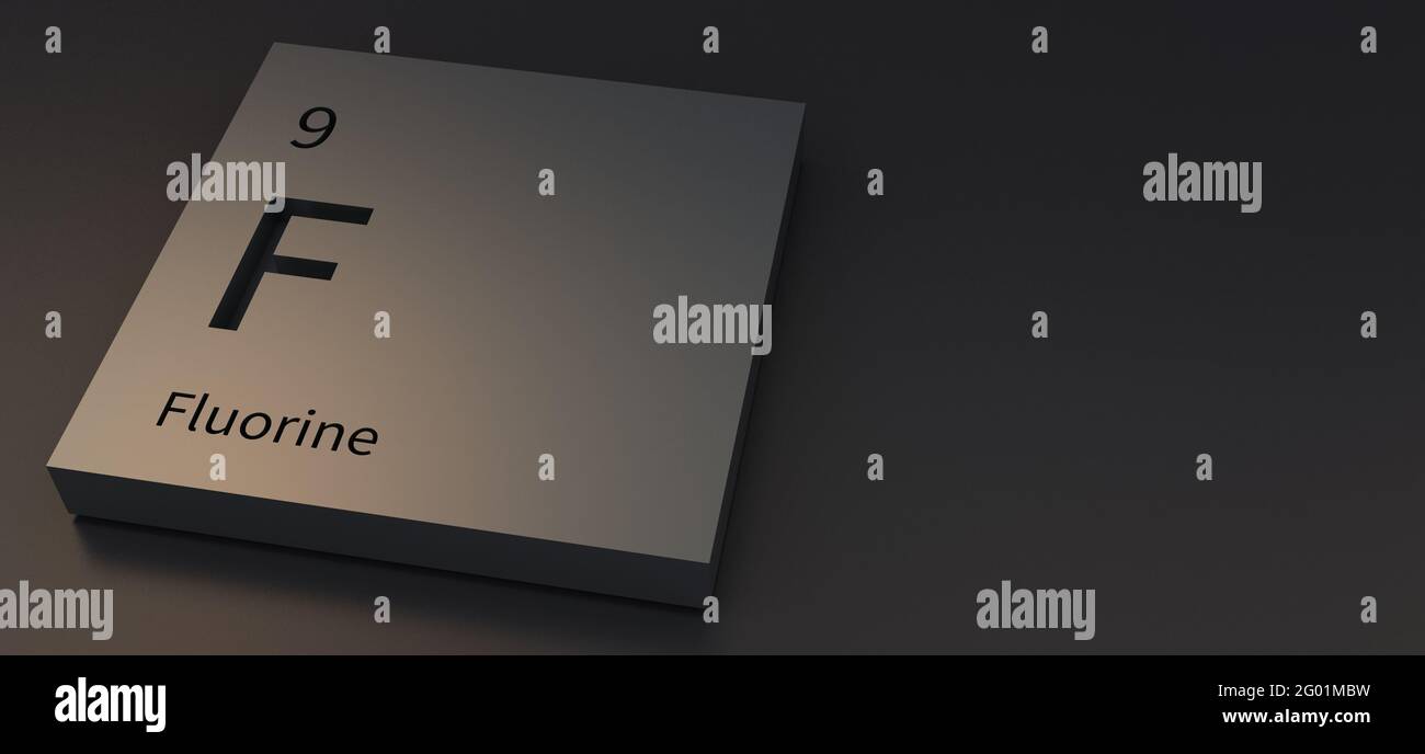 Elementi fluorurati su tavola periodica illustrazione 3d. Foto Stock