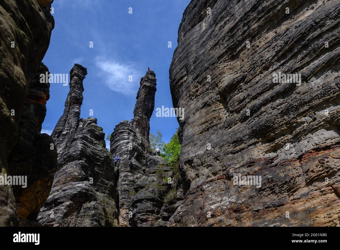 Bielatal, Germania. 24 maggio 2021. Vista della colonna delle grandi Ercole e della colonna delle piccole Ercole nella Valle di Biela in Svizzera sassone. Credit: Robert Michael/dpa-Zentralbild/ZB/dpa/Alamy Live News Foto Stock