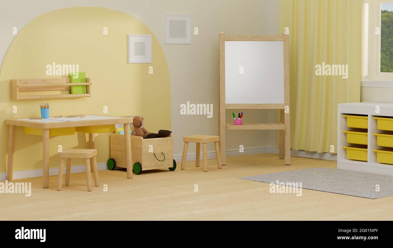 Rendering 3D, interni accoglienti per bambini con tavolo da studio, lavagna bianca, giochi, ripiani e decorazioni, illustrazione 3D Foto Stock