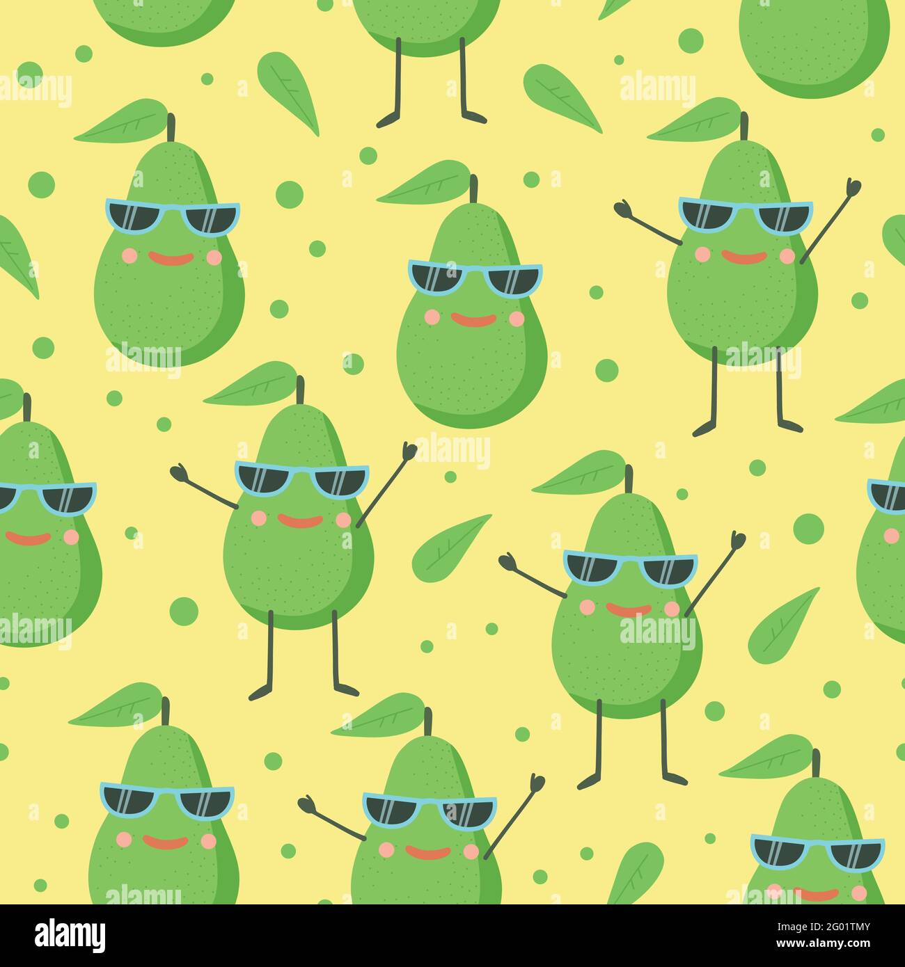 Carino modello senza cuciture con felice avocado carattere in occhiali da sole. Illustrazione di cartoni animati vettoriali. Illustrazione Vettoriale