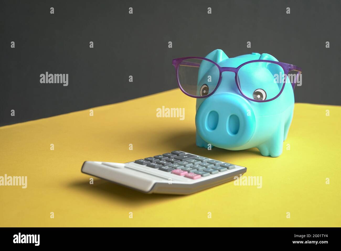 Banco di piggy con occhiali guardando la calcolatrice. Spazio di copia. Foto Stock