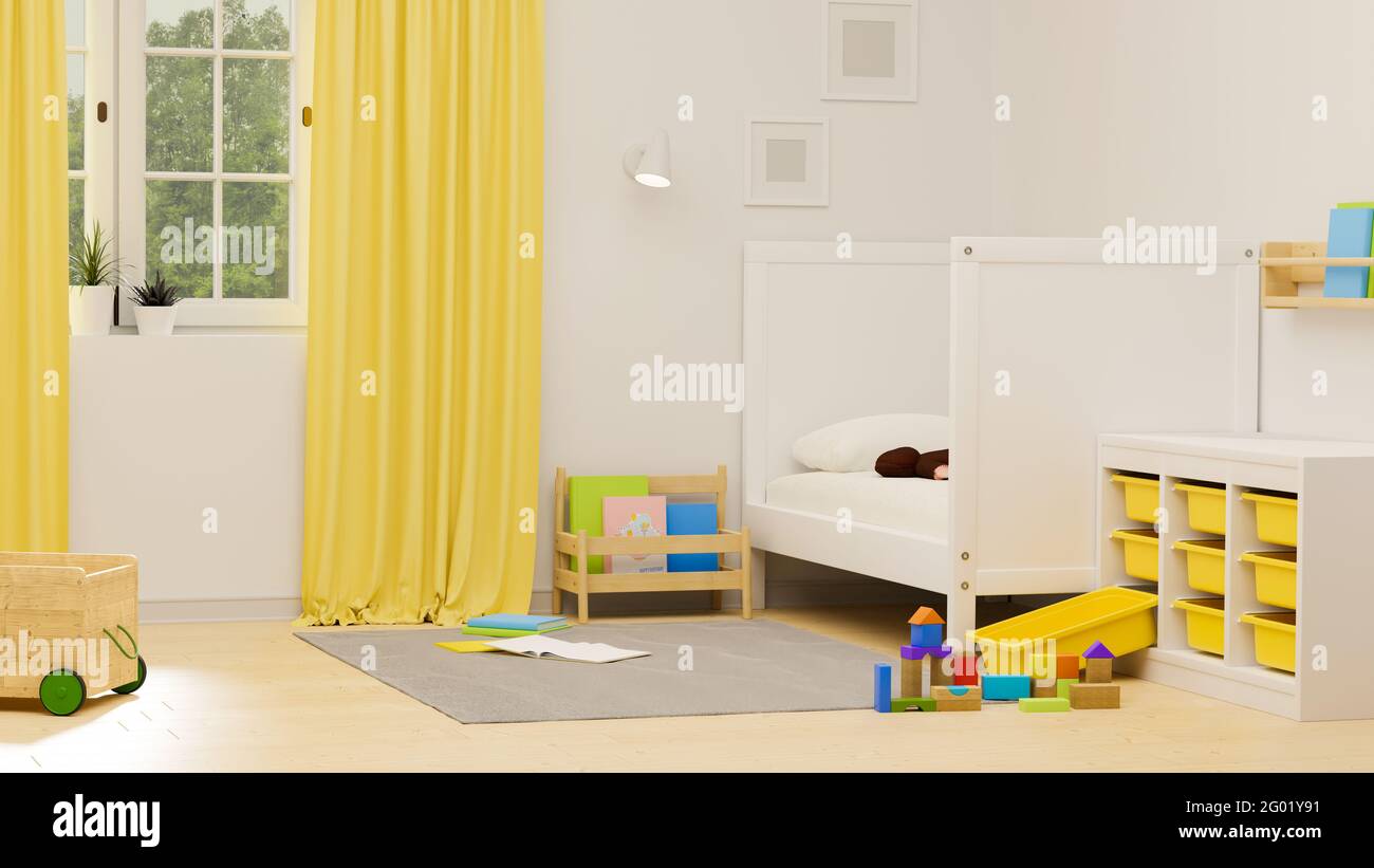 Arredamento camera da letto per bambini con letto, libreria, playthings, armadi e moquette, rendering 3D, Illustrazione 3D Foto Stock