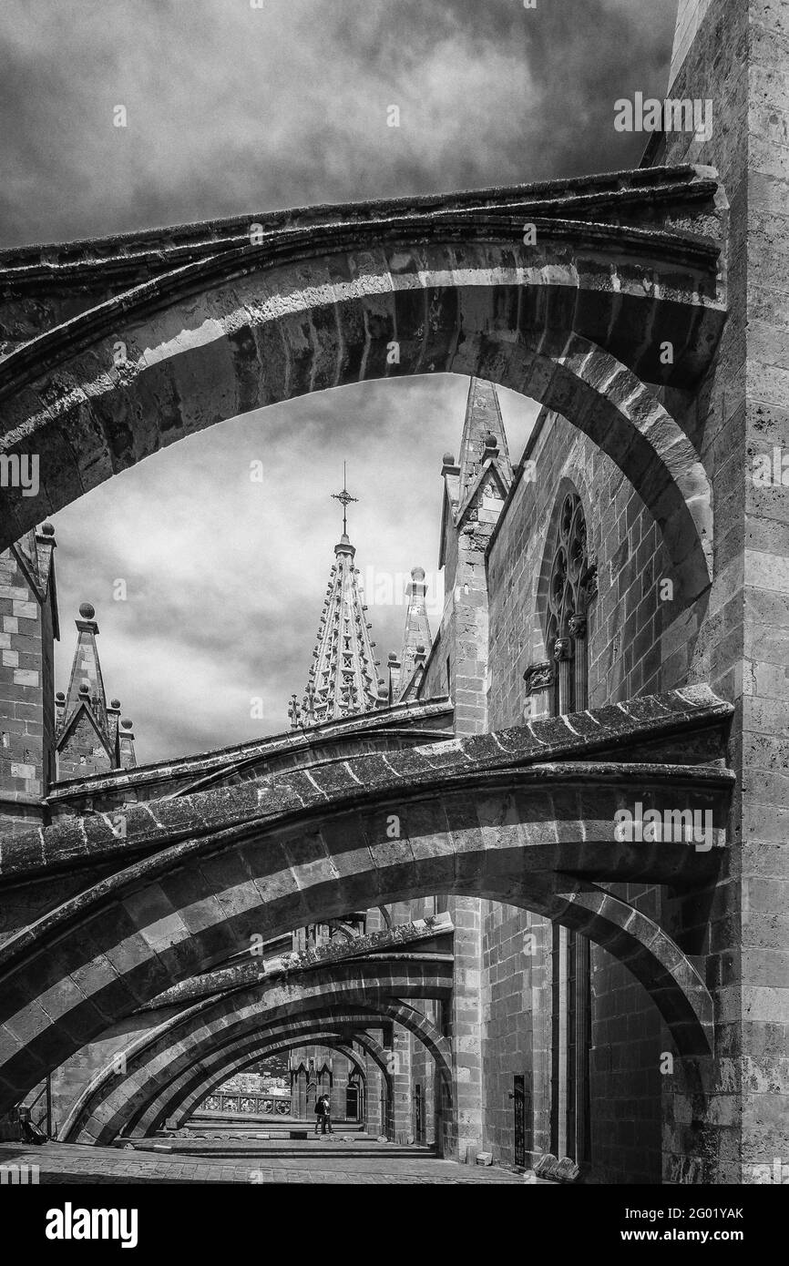 Vista dei contrafforti e dei contrafforti volanti della Cattedrale di Palma Mallora, Belle Arti e Bianco e Nero Foto Stock
