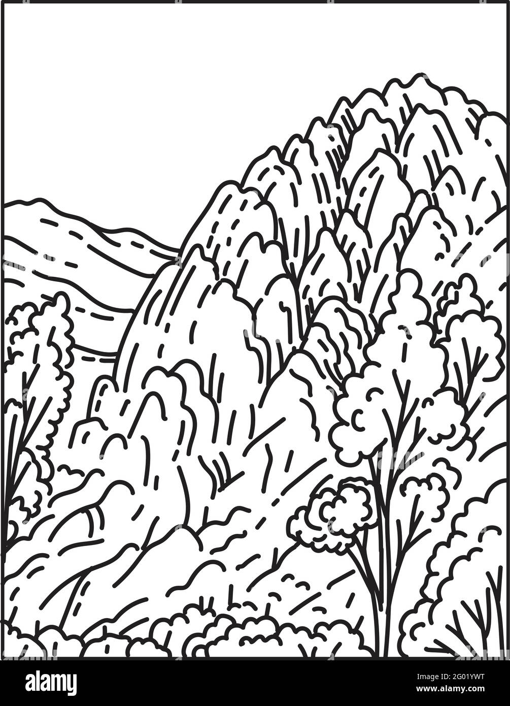 Illustrazione monolinea delle formazioni rocciose del Pinnacles National Park situato ad est della Salinas Valley nella California centrale, Stati Uniti fatto in r Illustrazione Vettoriale